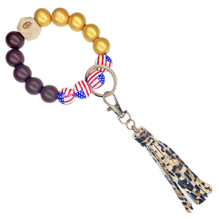 Wholesale 4th of July Independence Day Wood Beaded Wristlet Keychain JDC-KC-WuoD035