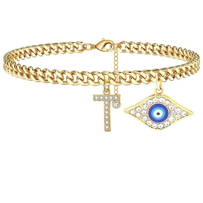 Wholesale 26 English Alphabet Devil's Eye Pendant Cuban Chain Alphabet Anklet JDC-AS-JinM001