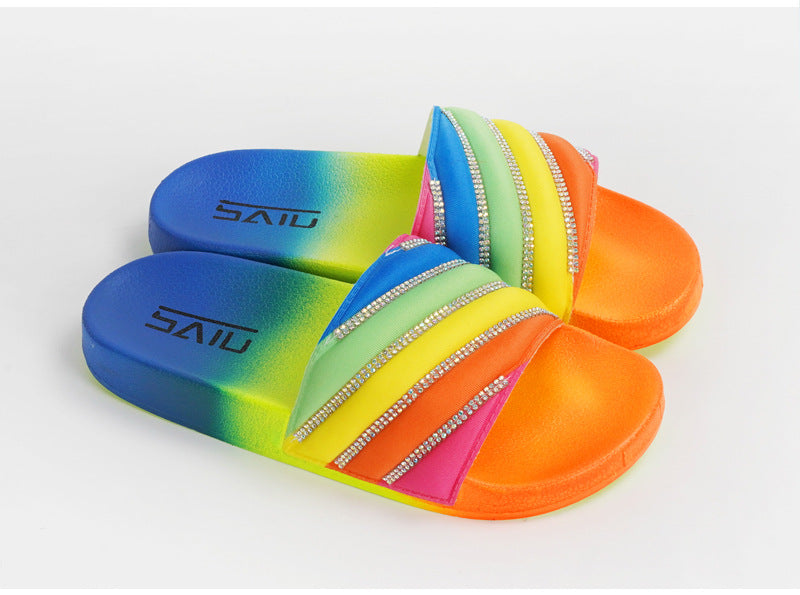 Wholesale summer women's sandals and slippers rainbow diagonal drill slipper JDC-SP-SanT005