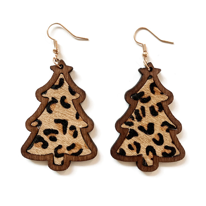 Wholesale Earrings Wooden Leopard Cow Pattern Leather Inlay MOQ≥2 JDC-ES-Qunyi023