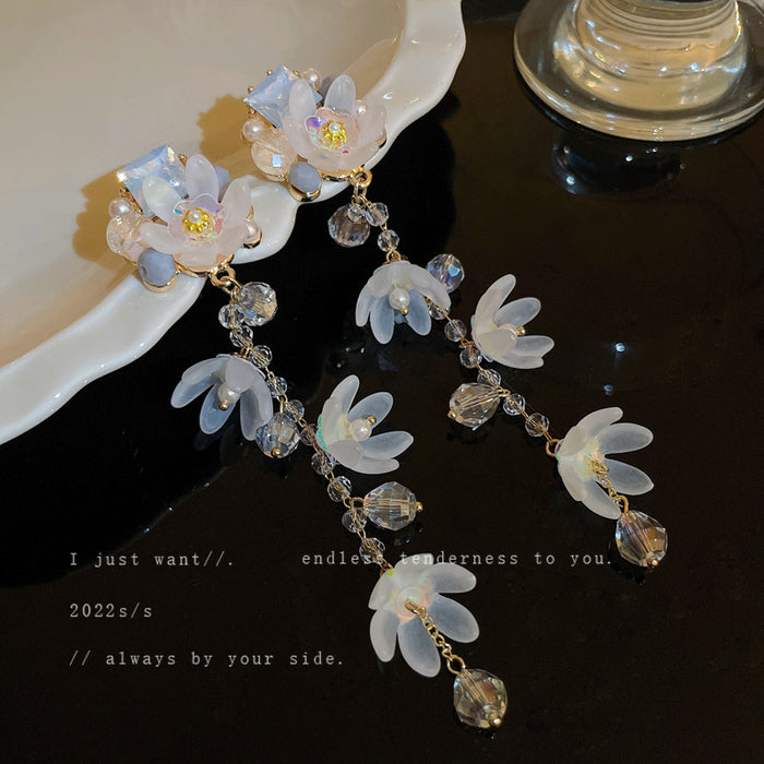 Wholesale Silver Needle Pearl Diamond Flower Crystal Tassel Earrings JDC-ES-Fengm043