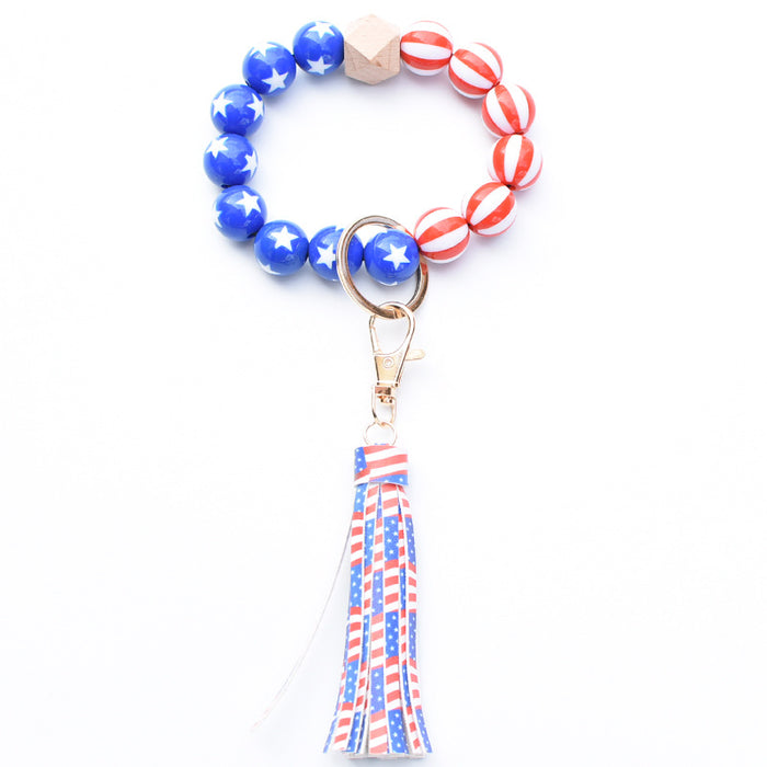 Wholesale 4th of July American Flag Independence Day Wooden Beaded Wristlet Keychain MOQ≥2 JDC-KC-MaoL001