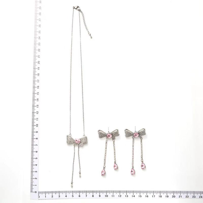 Wholesale Necklace Alloy Full Diamond Pink Bow Knot Earrings Clavicle Chain JDC-NE-YHai004