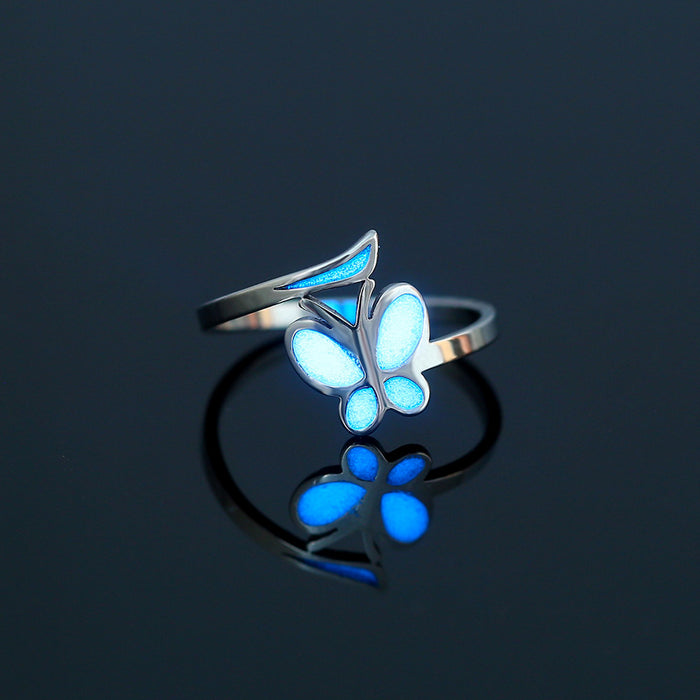 Wholesale Zircon Stainless Steel Heart Butterfly Blue Luminous Ring MOQ≥2 JDC-RS-DB001