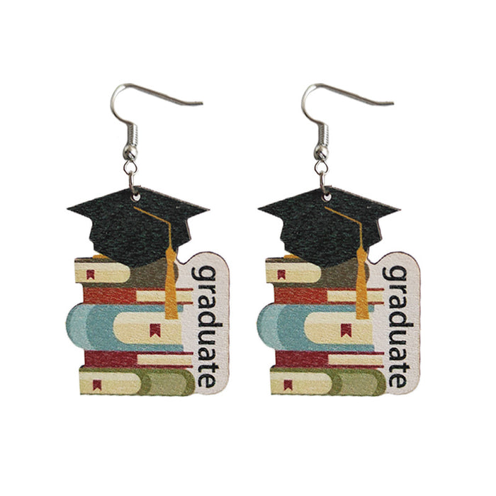 Wholesale Earrings Wooden Teacher's Day Cute Book Graduation Caps 3 Pairs JDC-ES-Heyi054