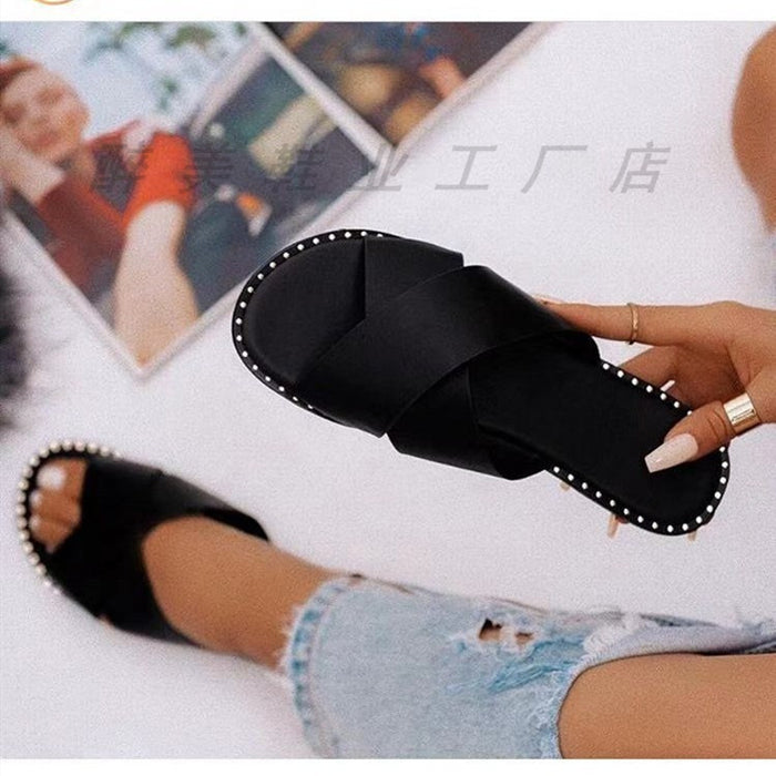 Wholesale Large Size Flat Casual Leopard Print One-Line Rhinestone Women's Sandals JDC-SD-ZuiM005