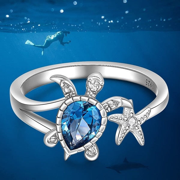 Wholesale Cute Blue Turtle Starfish Ladies Open Zircon Ring MOQ≥2 JDC-RS-QianZ008