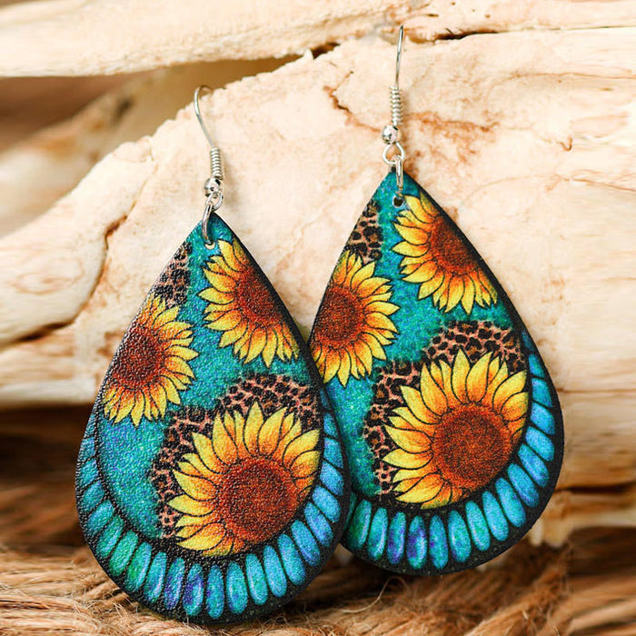 Wholesale water drop leather earrings leopard print sunflower flower double sided pu MOQ≥5 JDC-ES-Miaos003