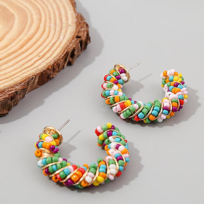 Wholesale Bohemian C Shape Rice Bead Braided Resin Alloy Earrings MOQ≥2 JDC-ES-OuZhe001