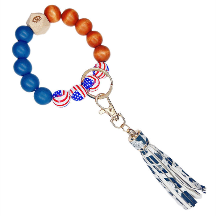 Wholesale 4th of July Independence Day Wood Beaded Wristlet Keychain JDC-KC-WuoD035