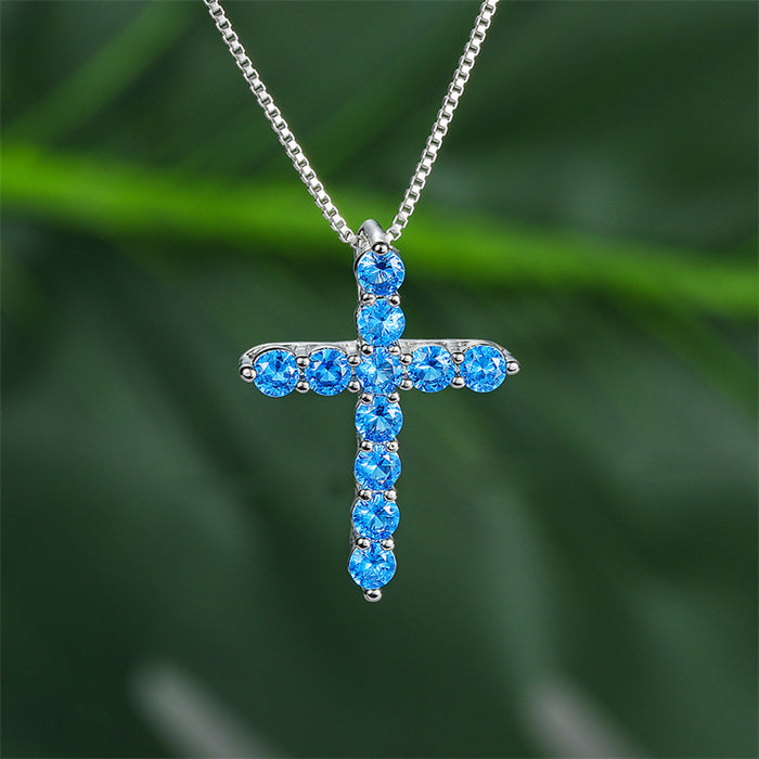 Wholesale Aqua Blue Birthstone Cross Pendant Necklace JDC-NE-ery002