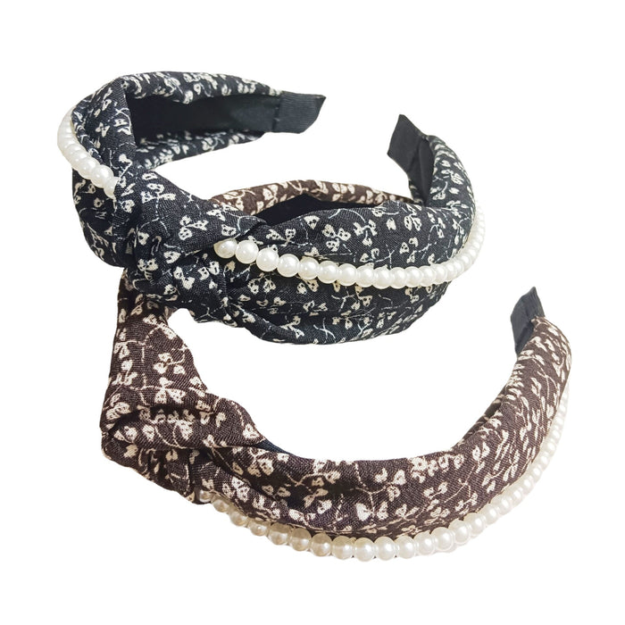 Wholesale Breathable Floral With Pearl Double Knotted Pleated Wide Headband JDC-HD-TangYun002