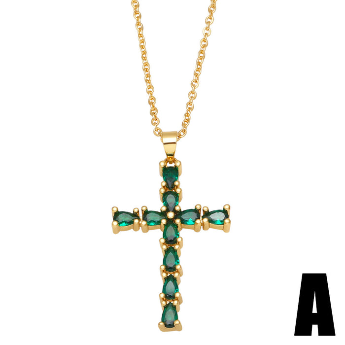 Wholesale Necklace Copper Plated 18K Gold Zircon Emerald Cross JDC-PREMAS-NE-016