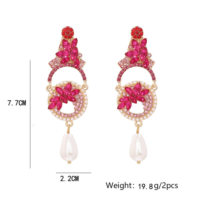 Wholesale Earrings Alloy Pink Diamond Floral Pearls JDC-ES-JJ364