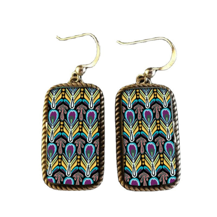 Wholesale Boho Peacock Feather Pattern Square Short Drop Earrings JDC-ES-JYS015