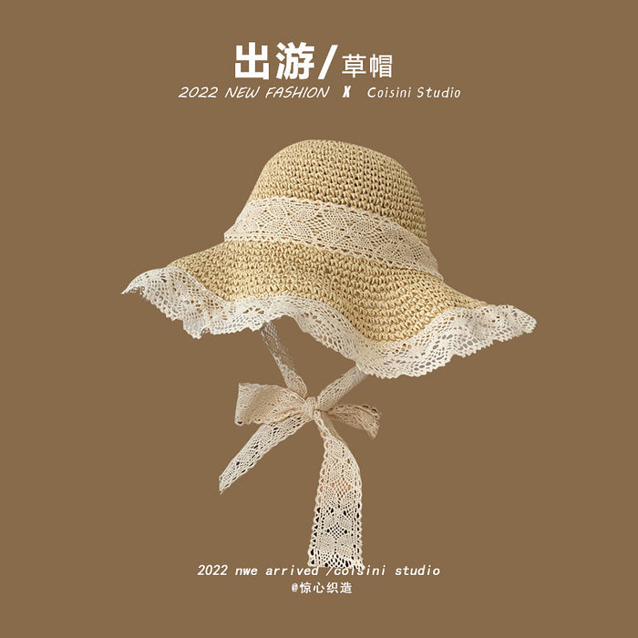 Wholesale Pearl Flower Lace Big Brim Straw Hat MOQ≥2 JDC-FH-LXi001