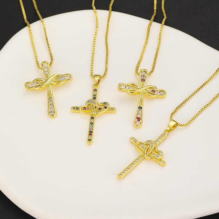 Wholesale Bow Cross Pendant Brass Gold Plated Micro Set Zircon JDC-NE-DRY001