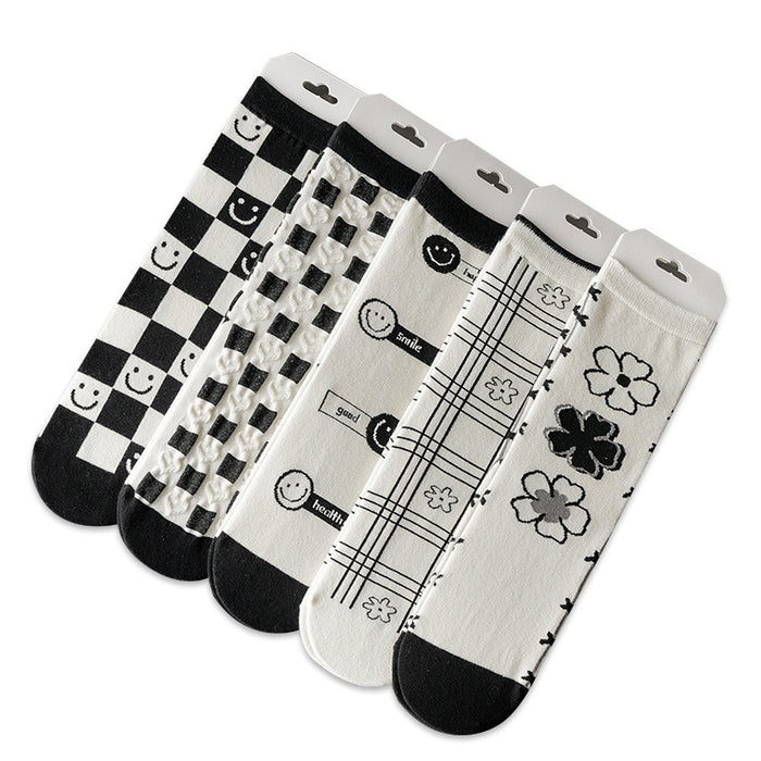 Wholesale tube socks black and white plaid smiley sweat-absorbing breathable cotton socks JDC-SK-CYu016