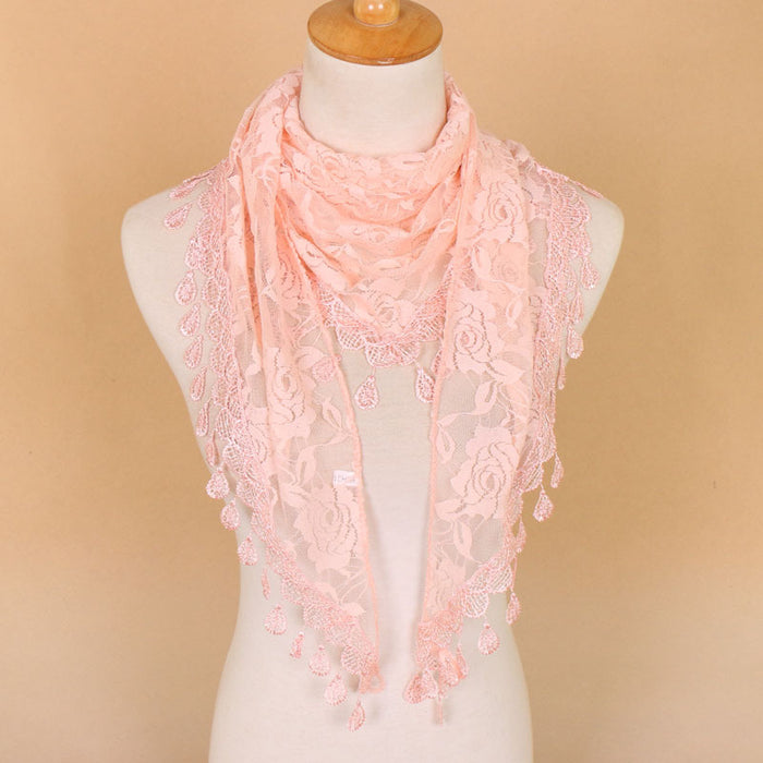 Wholesale Nylon Lace Triangular Scarf Rose Flower Tassel Triangle Scarf JDC-SF-WenJ002