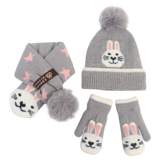 Wholesale Gloves Acrylic Kids Cartoon Plus Fleece Knit Hat Scarf 3 Piece Set MOQ≥2 JDC-GS-JunC002