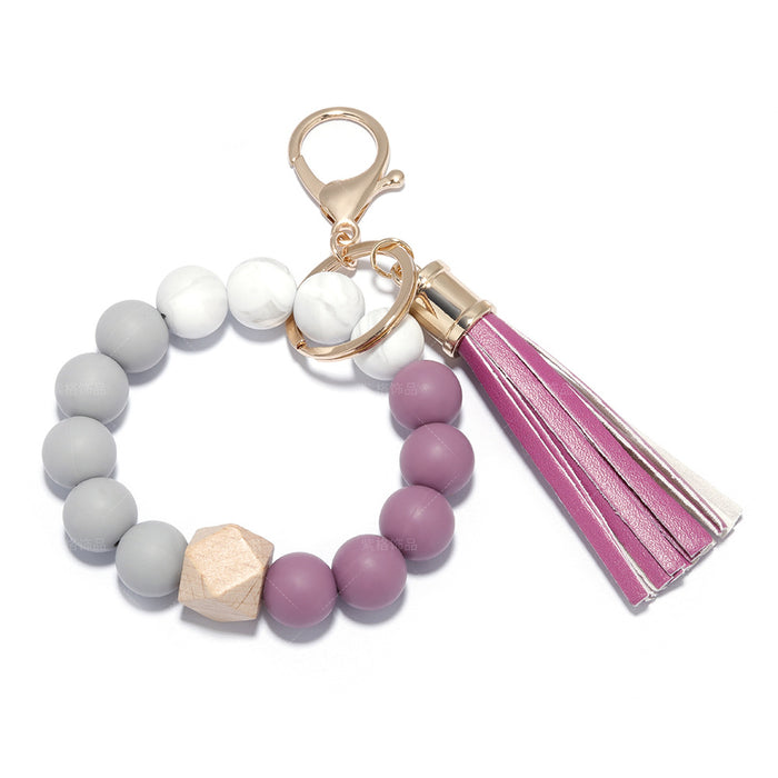 Wholesale Silicone Beaded PU Leather Tassel Wristlet Keychain JDC-KC-ZiGe001