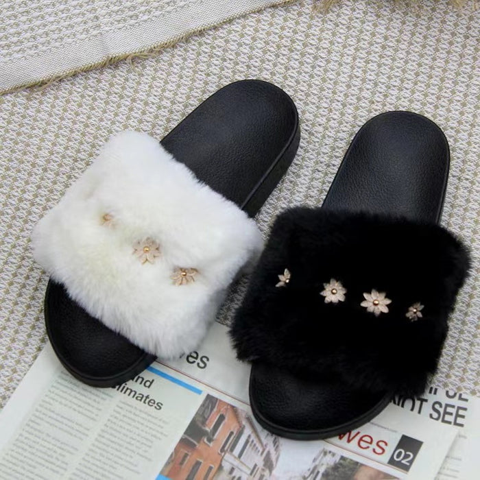 Wholesale Summer Fashion Color Fox Fur Flat Slippers Women JDC-SP-NED001