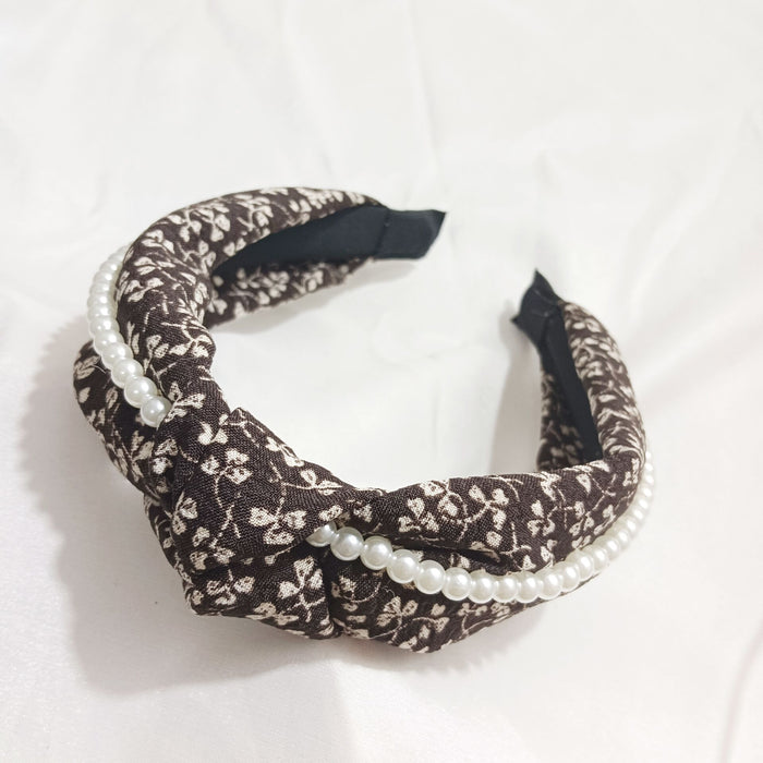 Wholesale Breathable Floral With Pearl Double Knotted Pleated Wide Headband JDC-HD-TangYun002