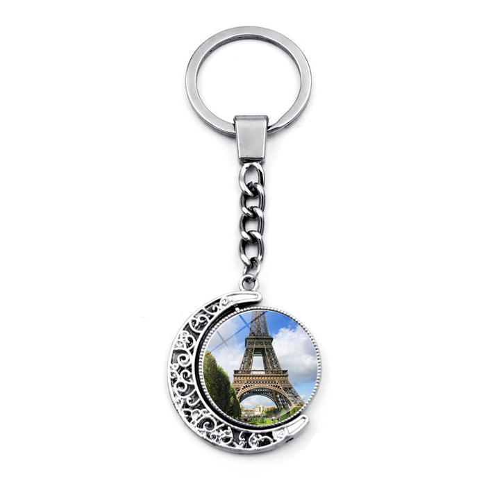 Wholesale Keychain Alloy Time Gemstone Eiffel Tower Double Sided Rotating Pendant Ornament JDC-KC-JiaY012