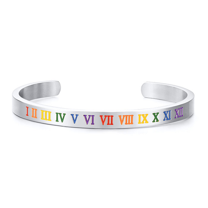 Wholesale LGBT Stainless Steel Rainbow Roman Numeral Bracelet Steel Color Men's Open Metal JDC-BT-QuanS005