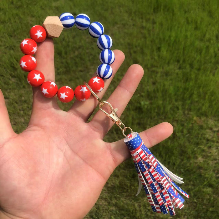 Wholesale Wooden Beaded American Flag Beaded Tassel Wristlet Keychain MOQ≥2 JDC-KC-QXue002