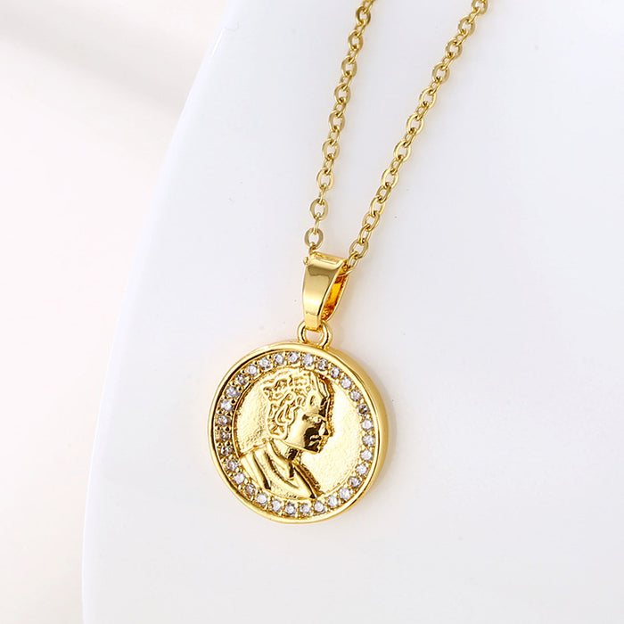 Wholesale Necklace Stainless Steel Diamond-encrusted Zircon Round Plate Portrait Relief JDC-NE-QR009