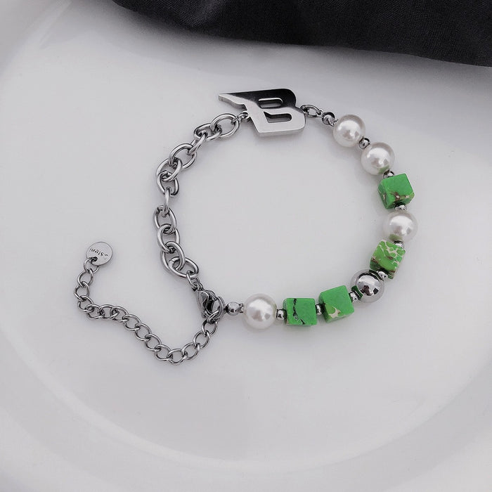 Wholesale Necklace Titanium Steel Green Beaded Pearl Stitching Letter Necklace Bracelet JDC-NE-GM001