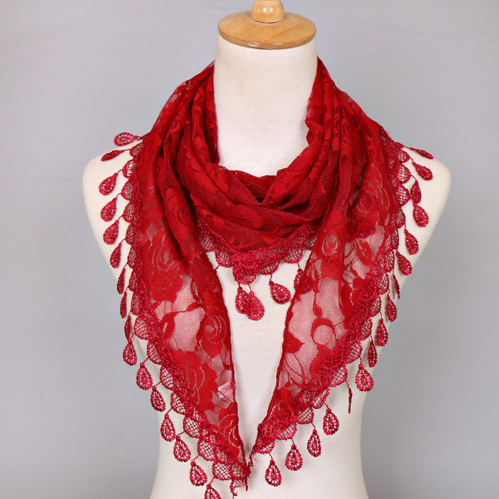 Wholesale Nylon Lace Triangular Scarf Rose Flower Tassel Triangle Scarf JDC-SF-WenJ002