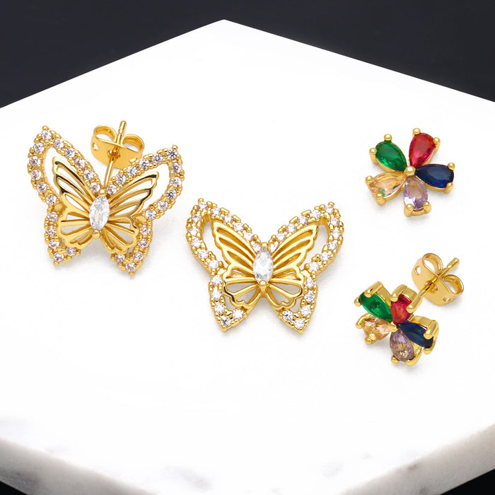 Wholesale Earrings Copper Plated 18K Gold Zircon Color Flower Butterfly JDC-PREMAS-ES-022