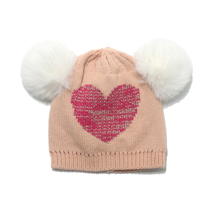 Wholesale Hat Acrylic Double Hair Ball Kids Love Knitted Hat MOQ≥2 JDC-FH-Yuanb018