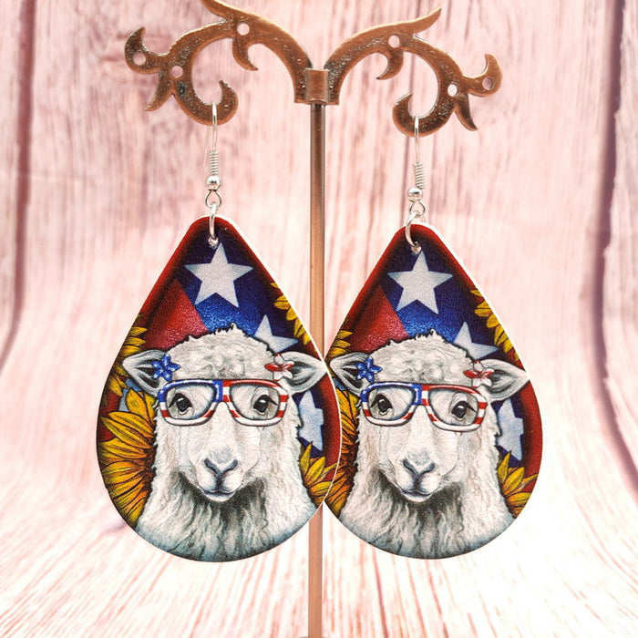 Wholesale US National Day Stars and Stripes Sunflower Eyes Animal Leather Earrings JDC-ES-KDL002