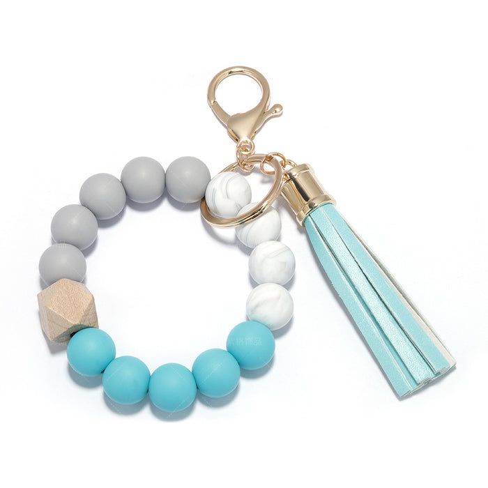 Wholesale Silicone Beaded PU Leather Tassel Wristlet Keychain JDC-KC-ZiGe001