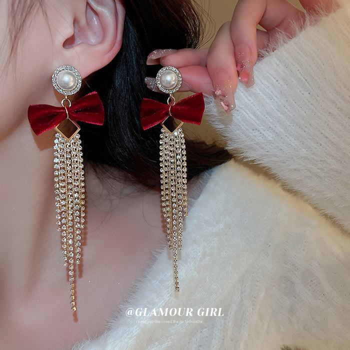 Wholesale Earrings Alloy Pearl Bow Knot Diamond Tassel Chain JDC-ES-BY334