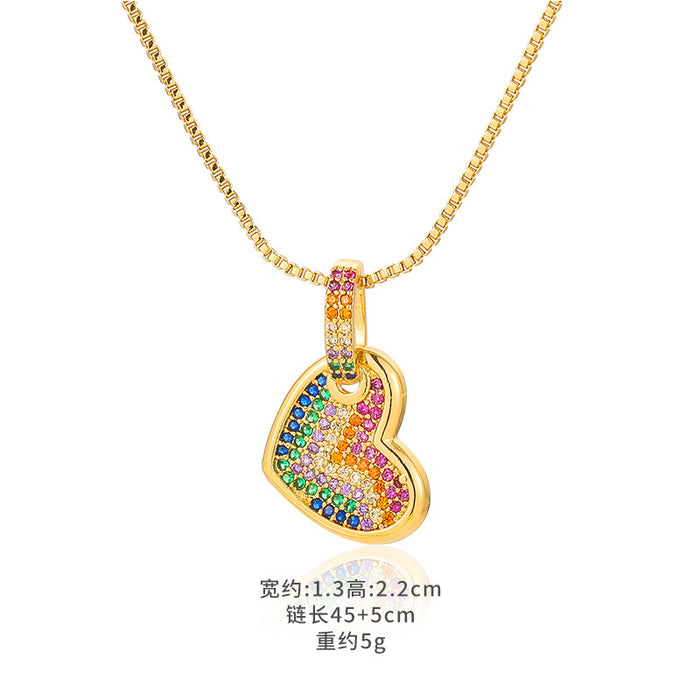 Wholesale Fashion Colorful Brass 18k Gold Zircon Peach Heart Double Layer Necklace JDC-NE-DRY003