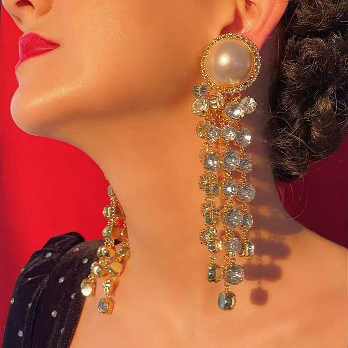 Wholesale Combined Long Tassel Earrings Alloy Imitation Pearl Rhinestones JDC-ES-JL1090