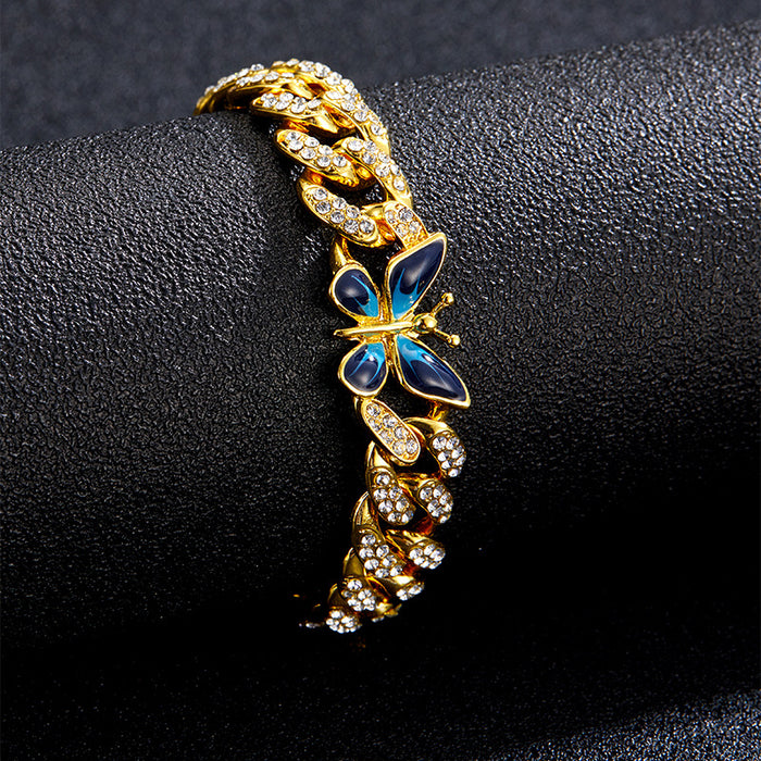 Wholesale Necklace Alloy Rhinestone Enamel Butterfly Cuban Chain Bracelet Anklet Set MOQ≥2 JDC-NE-XuanD005