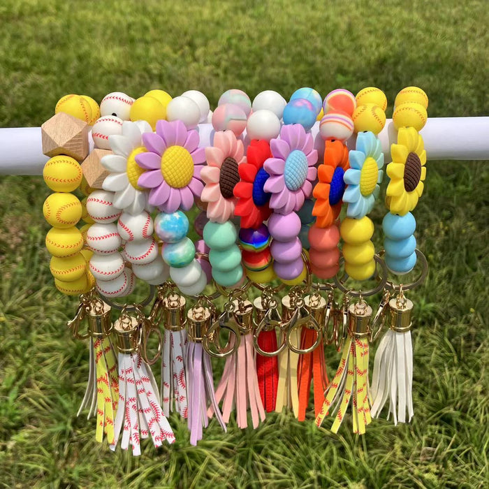 Wholesale Daisy Sunflower Baseball Silicone Beaded Wristlet Keychain MOQ≥2 JDC-KC-QXue006