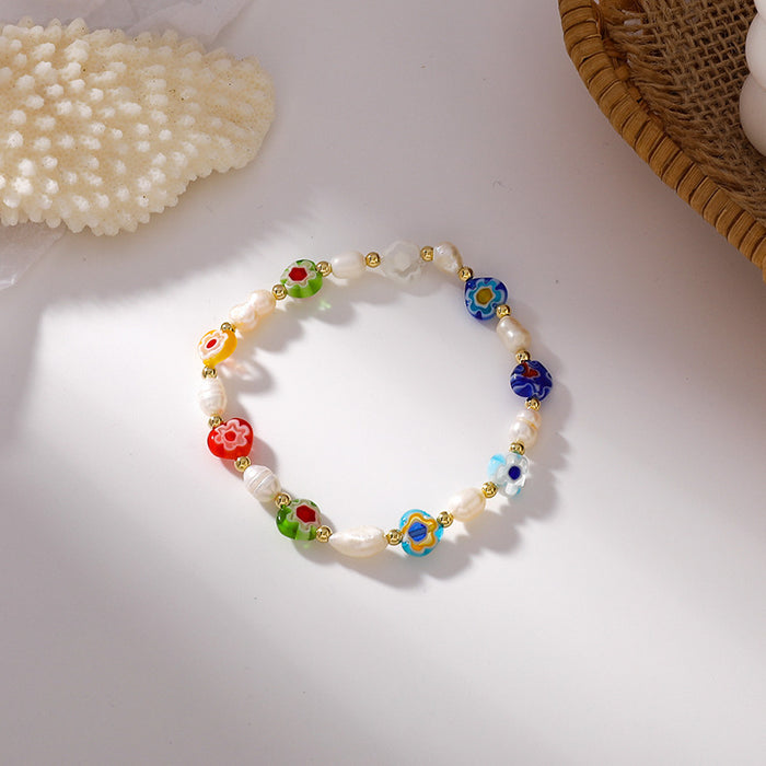 Wholesale Cute Handmade Colorful Glass Freshwater Pearl Flower Stretch Bracelet JDC-BT-ShiP004