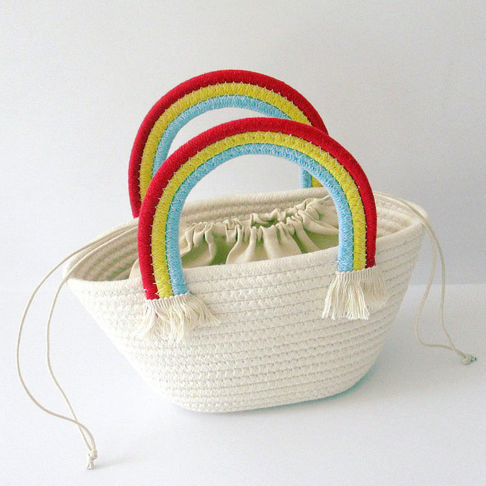 Wholesale rainbow handle woven bag cotton rope woven bag casual handbag JDC-HB-DeR001