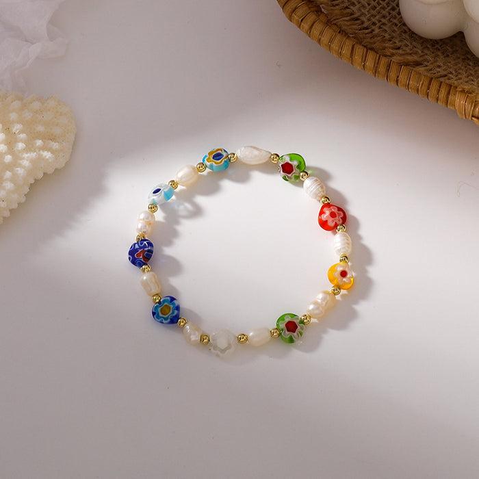 Wholesale Cute Handmade Colorful Glass Freshwater Pearl Flower Stretch Bracelet JDC-BT-ShiP004