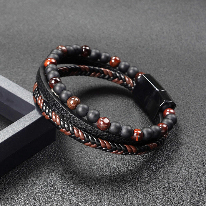 Wholesale Tiger Eye Stone Bead Bracelet Woven Multilayer Double Buckle Men JDC-BT-DiS003