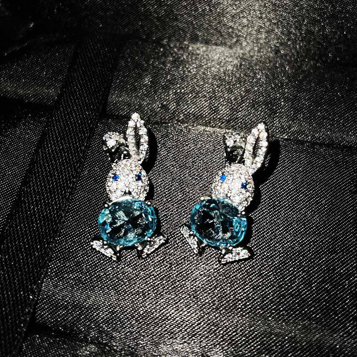 Wholesale Micro Inlaid Diamond Stud Earrings Imitation Natural Sky Blue Topaz Pendant Cute Open Rabbit Ring JDC-NE-ZhenR002