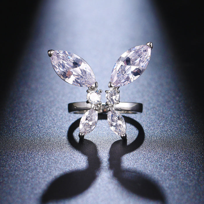 Wholesale Shiny Big Zircon Butterfly Copper Adjustable Ring MOQ≥2 JDC-RS-BDY001