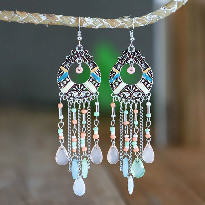 Wholesale Alloy Earrings Exaggerated Round Hollow Bohemian Long Tassel Drops JDC-ES-YYDX003