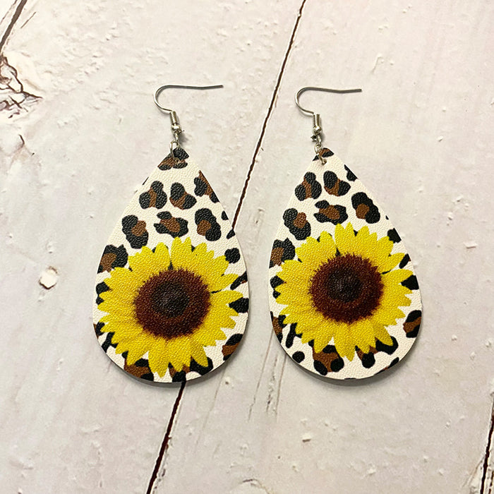 Wholesale Earrings Leather Leopard Sunflower Print Earrings 2 pairs JDC-ES-Qunyi015